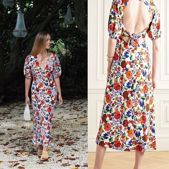 RIXO Floral Print Crepe Short Sleeve V-Neck Tied Cutout Open Back Midi Dress XS - Picture 11 of 16